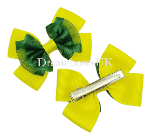 Bottle green and yellow organza hair bows on alligator clips