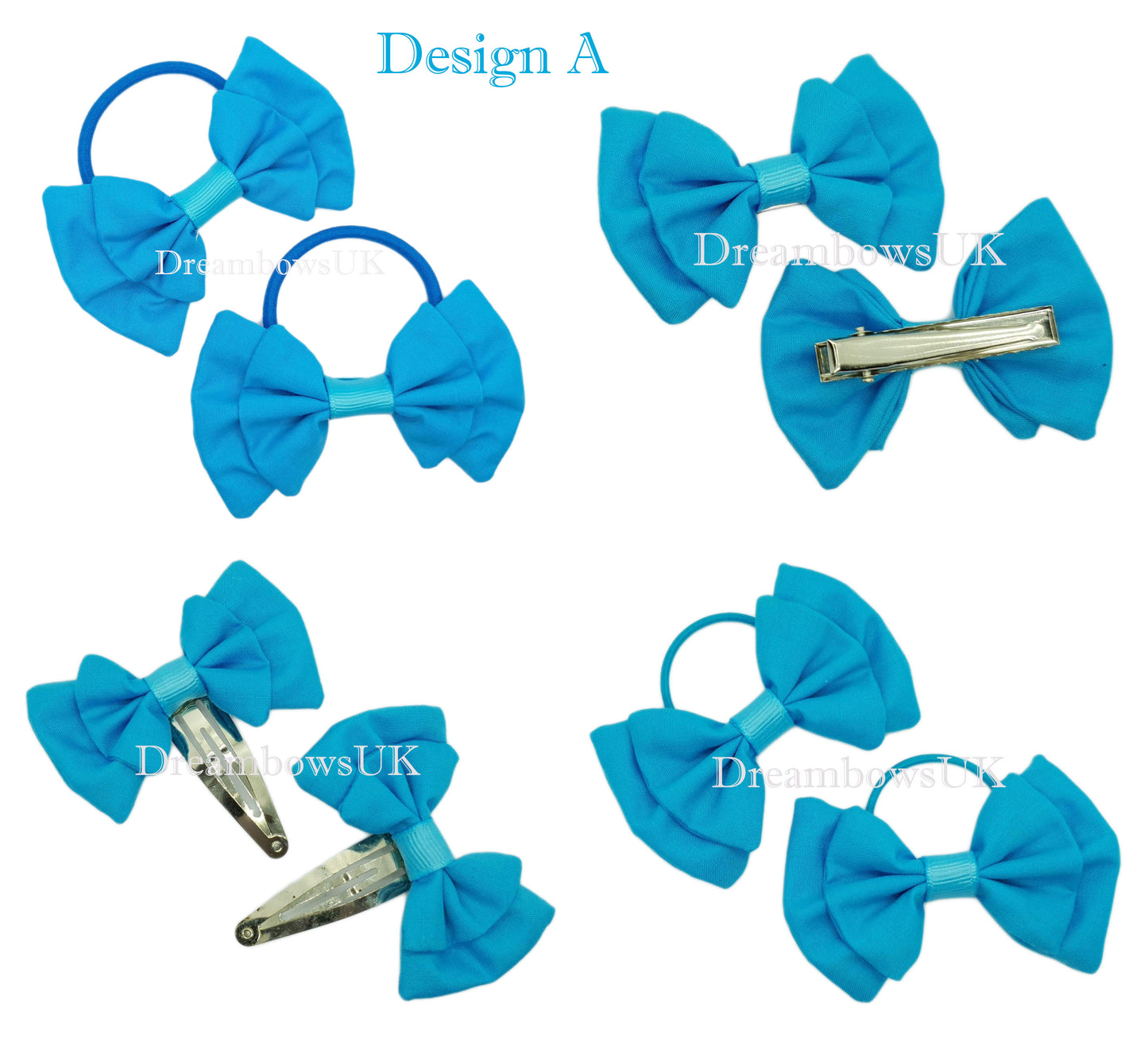 Turquoise fabric hair bows on hair bobbles and hair slides