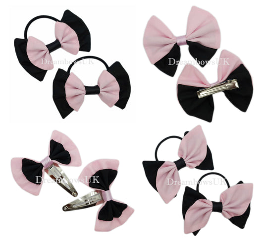 2x Black and baby pink fabric hair bows