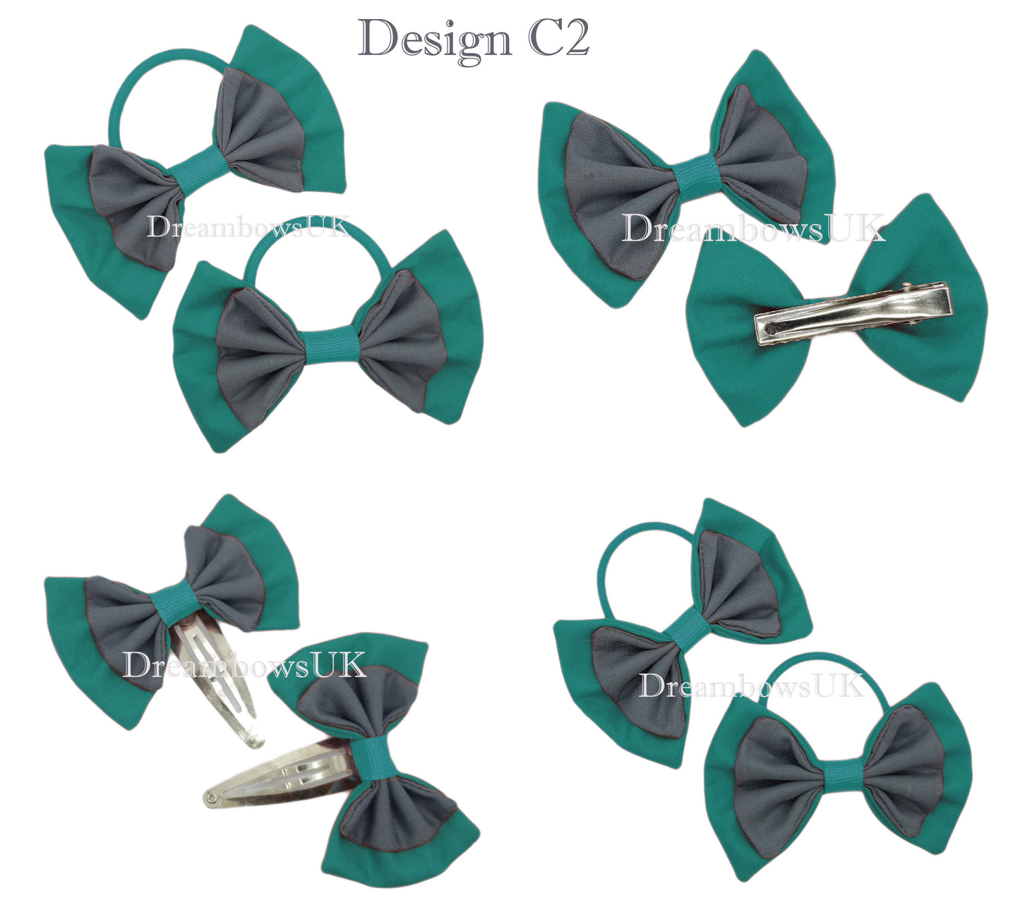 2x Grey and jade green fabric hair bows
