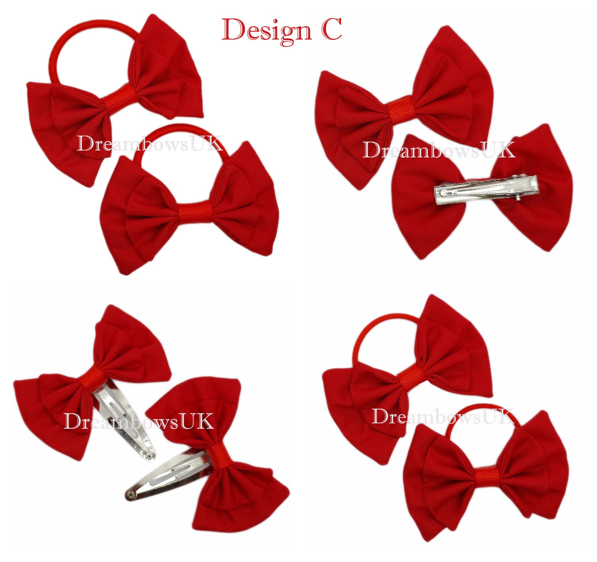 Handmade red fabric hair bows for school uniforms, handmade to order on bobbles or hair clips