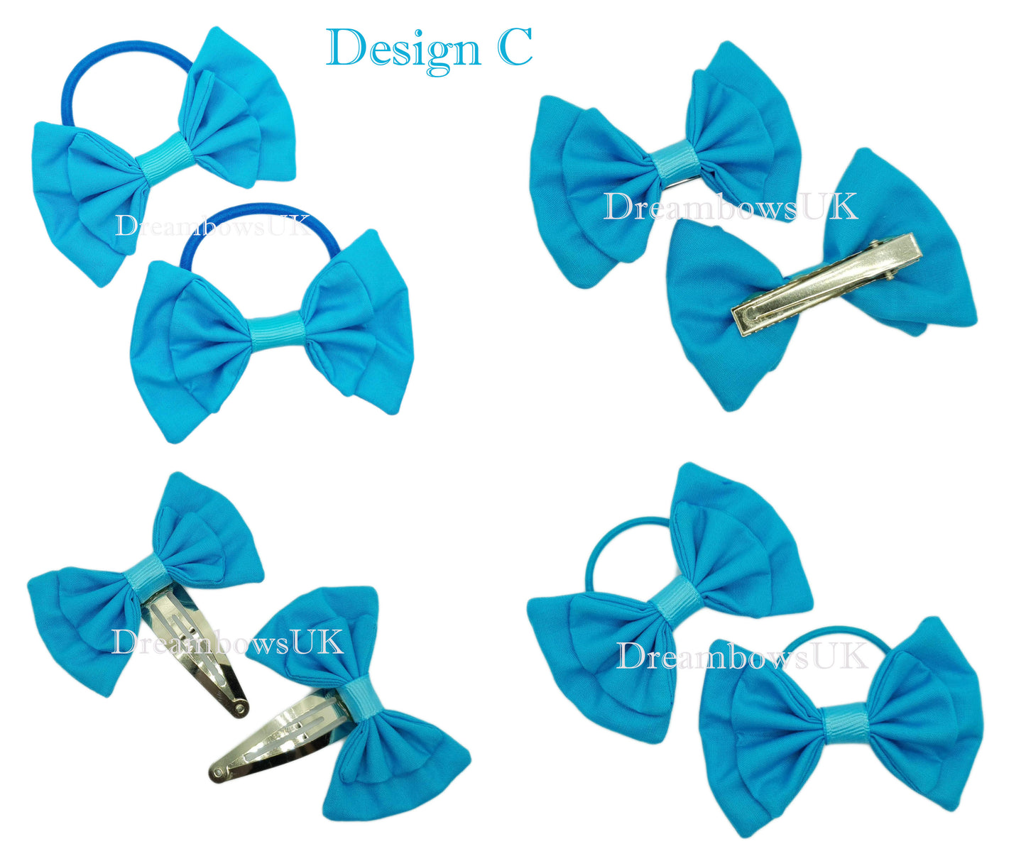 Girls turquoise fabric hair bows on bobbles and hair clips