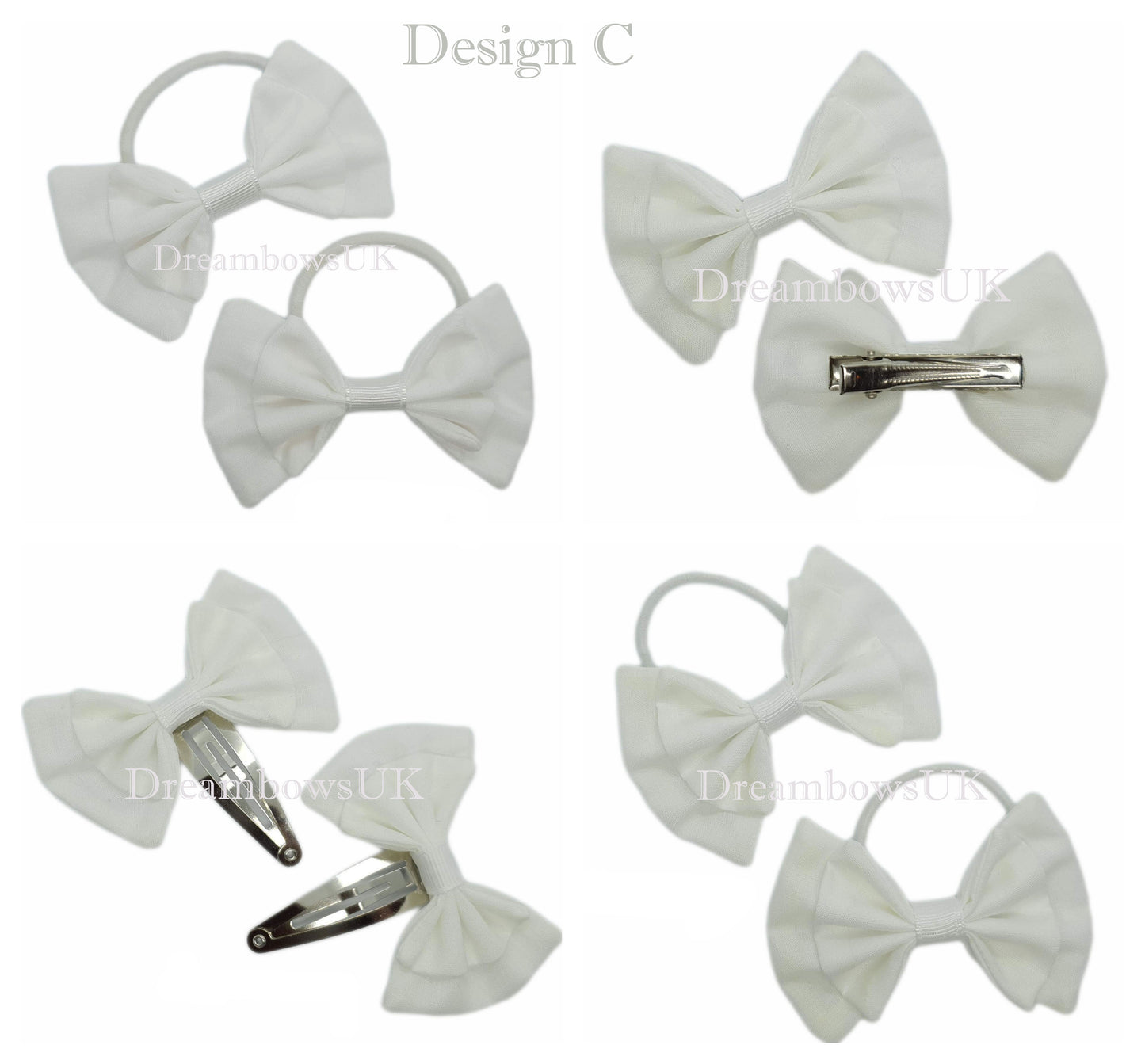 Handmade white fabric hair bows on bobbles and hair clips