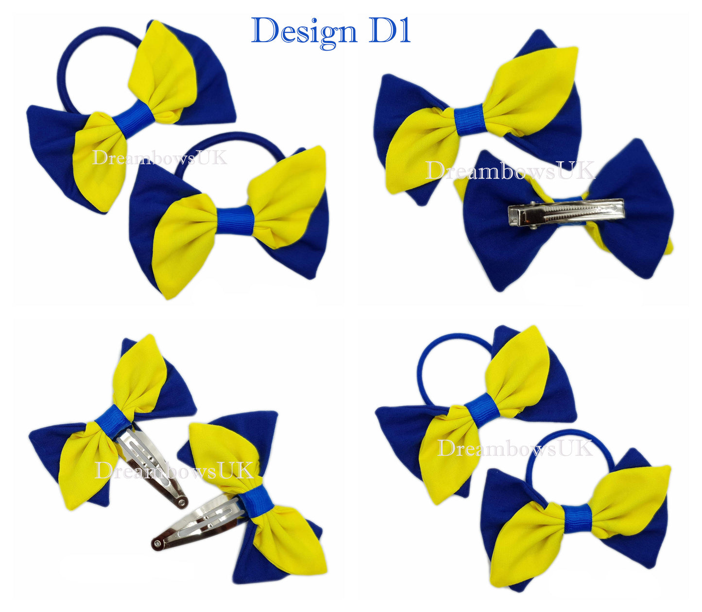 2x Royal blue and yellow fabric hair bows