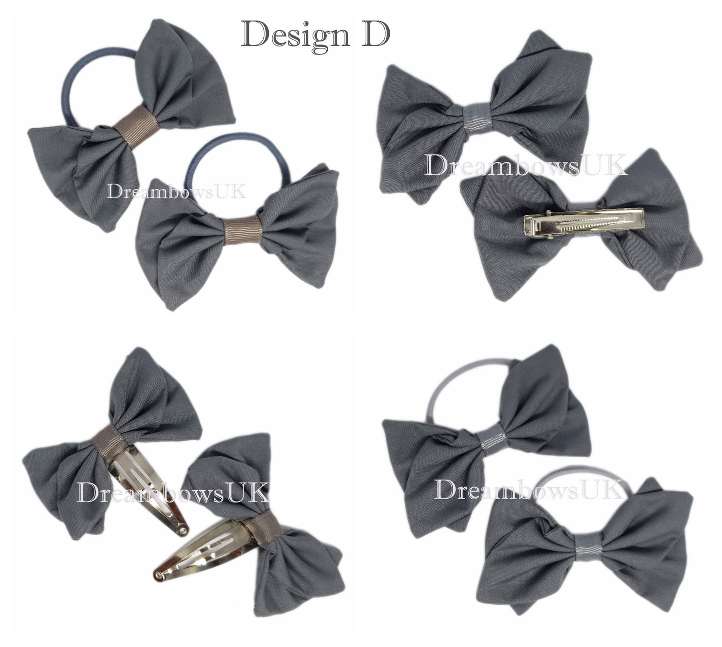 School grey custom made fabric hair bows on bobbles and hair clips