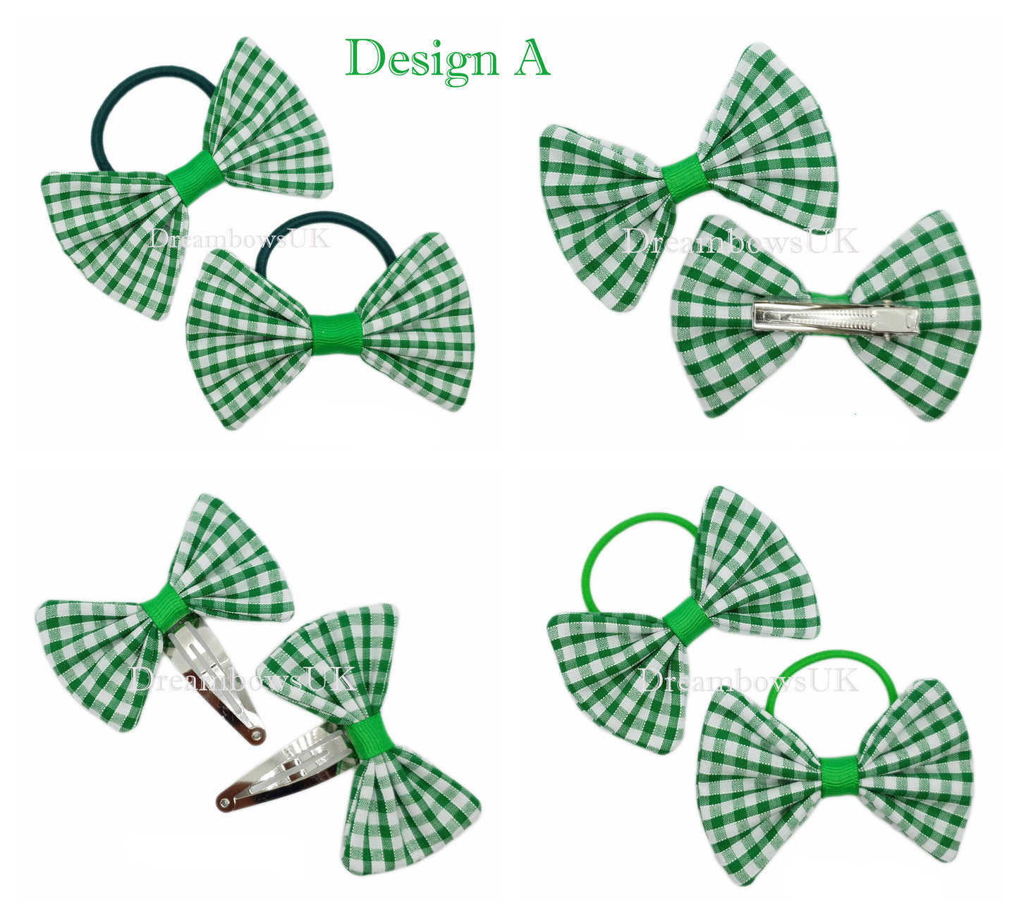 2x Emerald green gingham hair bows
