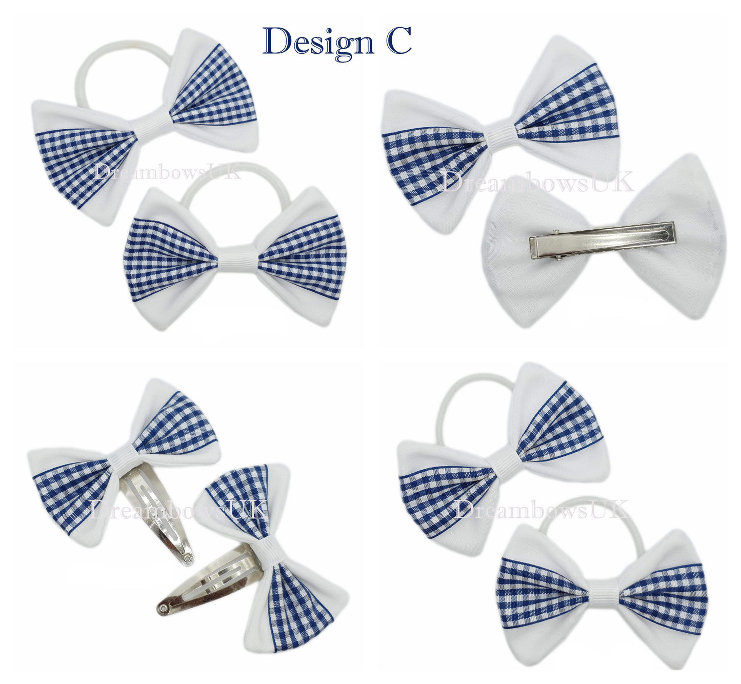 Navy blue gingham hair bows on bobbles and hair clips