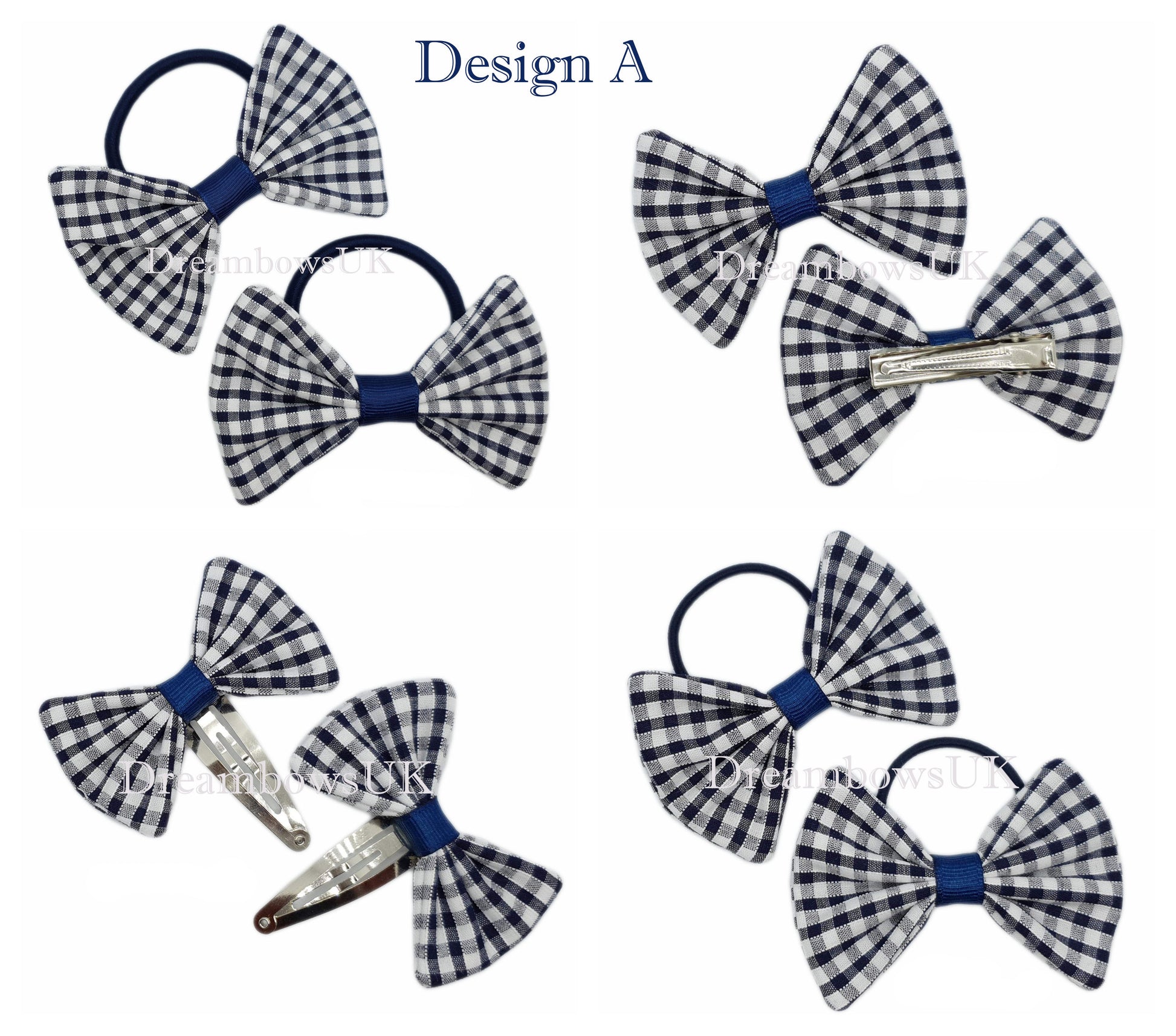Navy blue gingham fabric hair bows - DreambowsUK