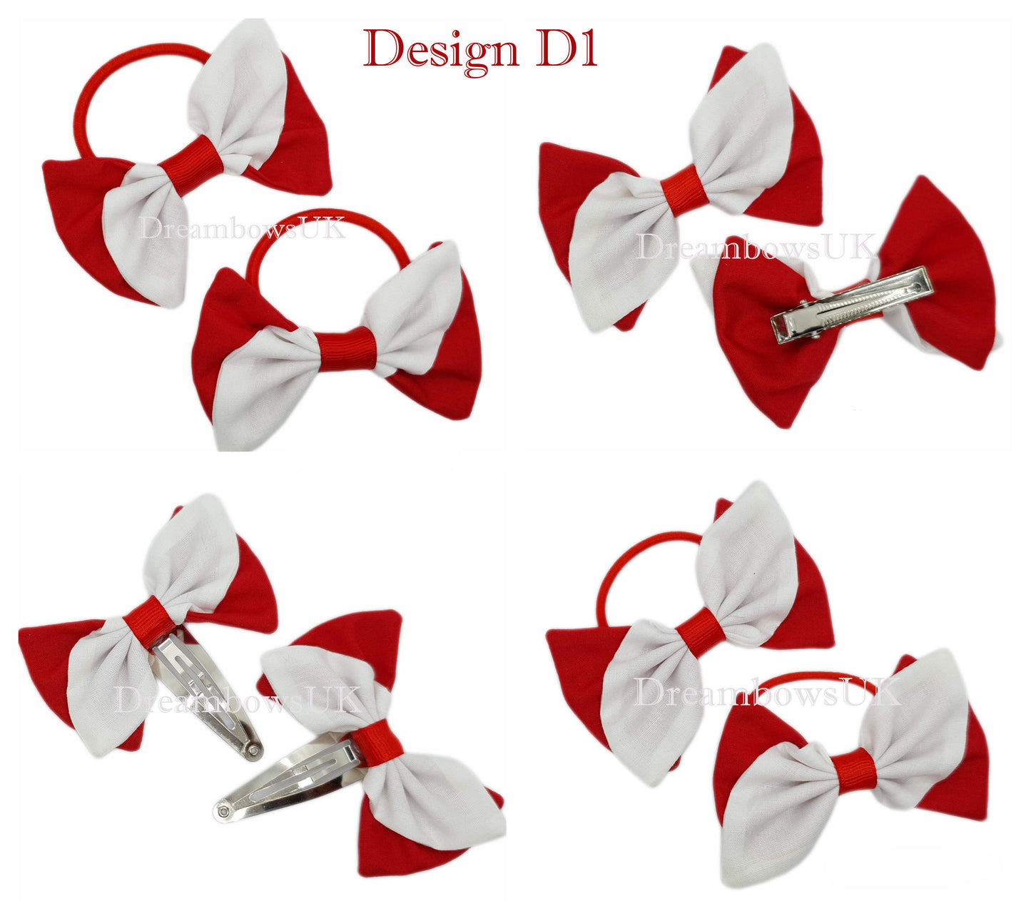 2x Red and white fabric hair bows
