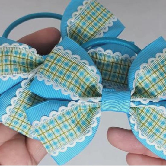Turquoise and White Checked Hair Bows on Thick Bobbles | One-of-a-Kind Design