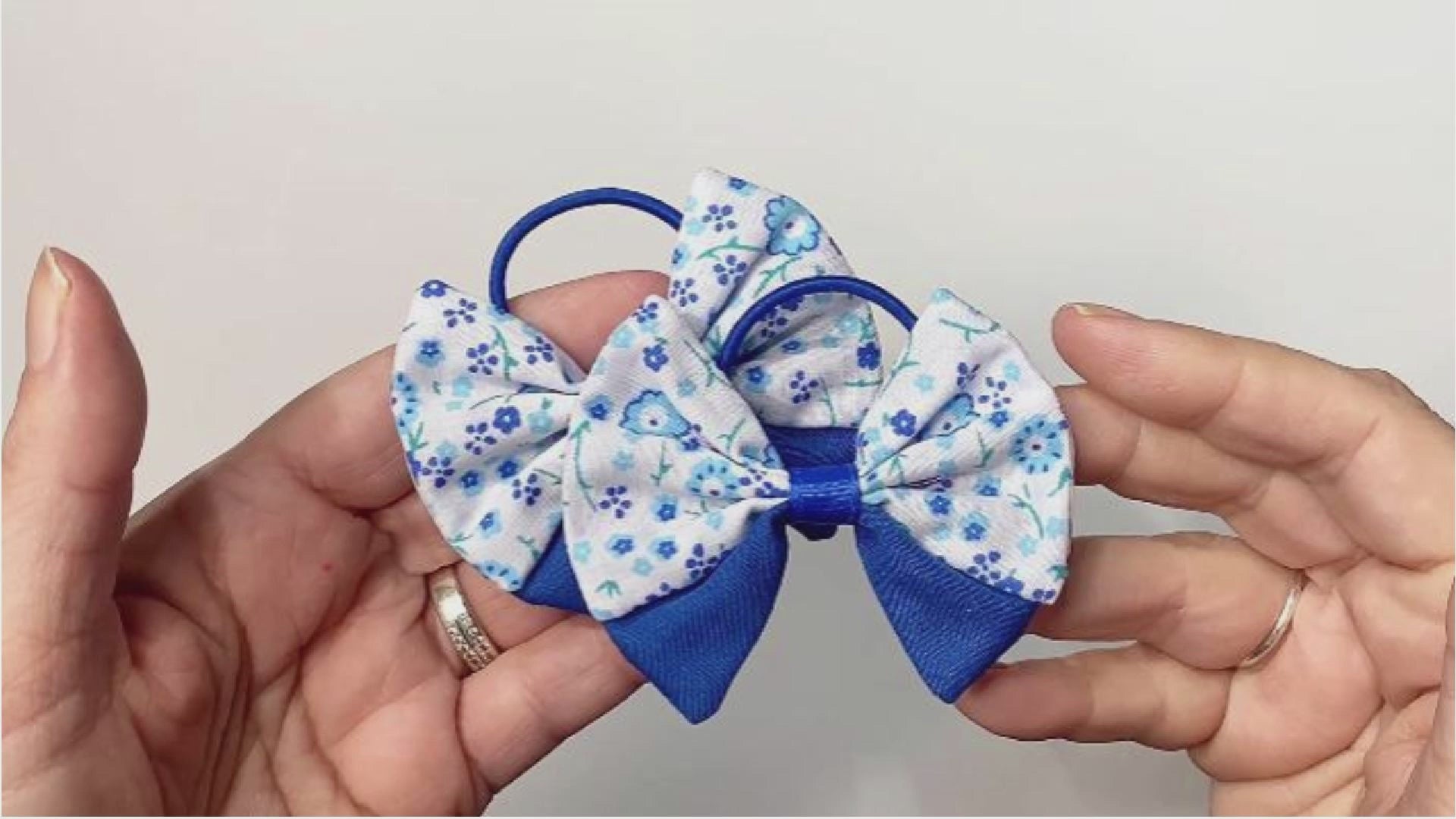 Royal Blue and White Floral Fabric Hair Bows on Thin Bobbles | Unique Pair