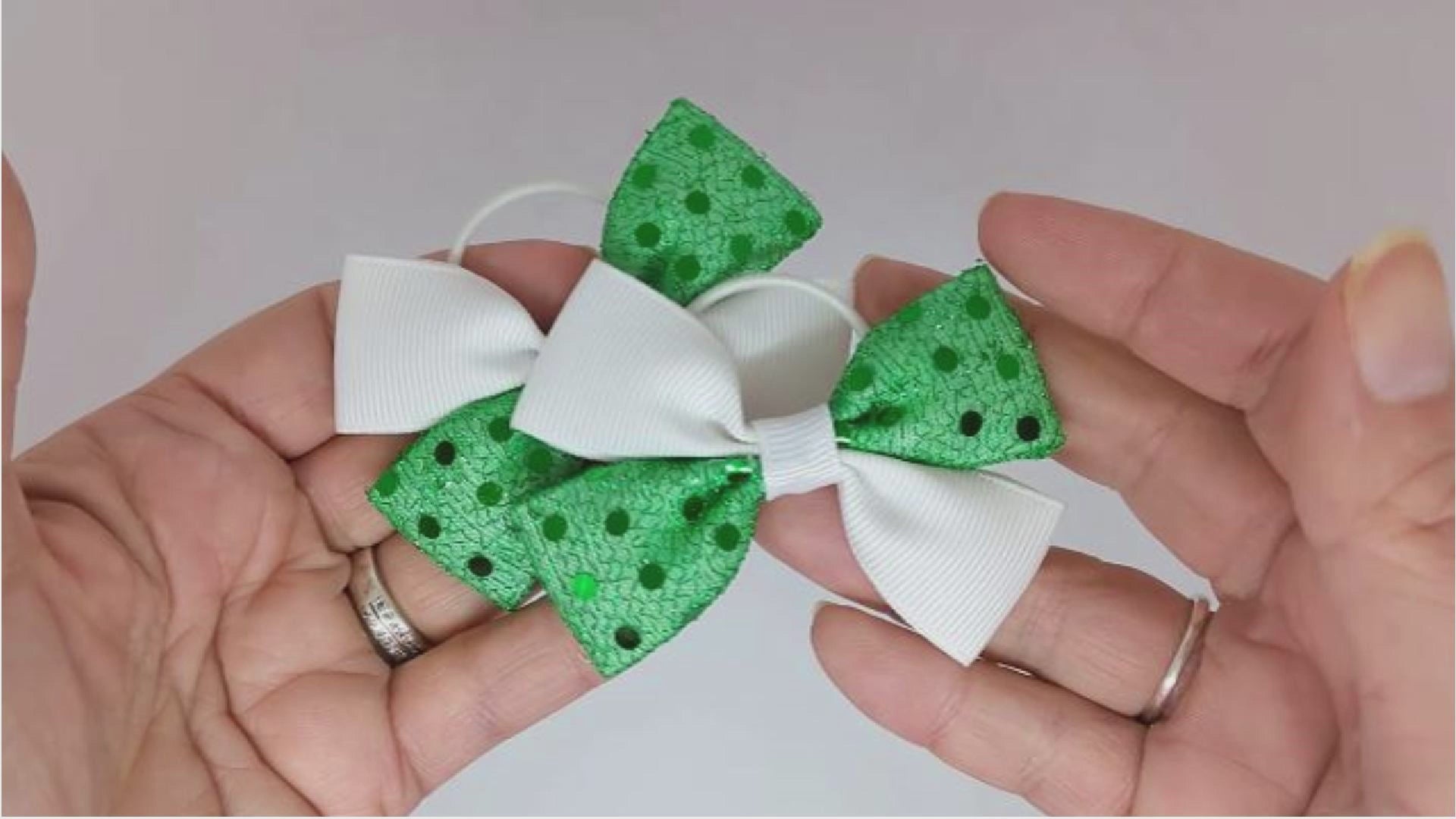 Emerald Green and White Diamante Hair Bows on Thin Bobbles | One-of-a-Kind Design