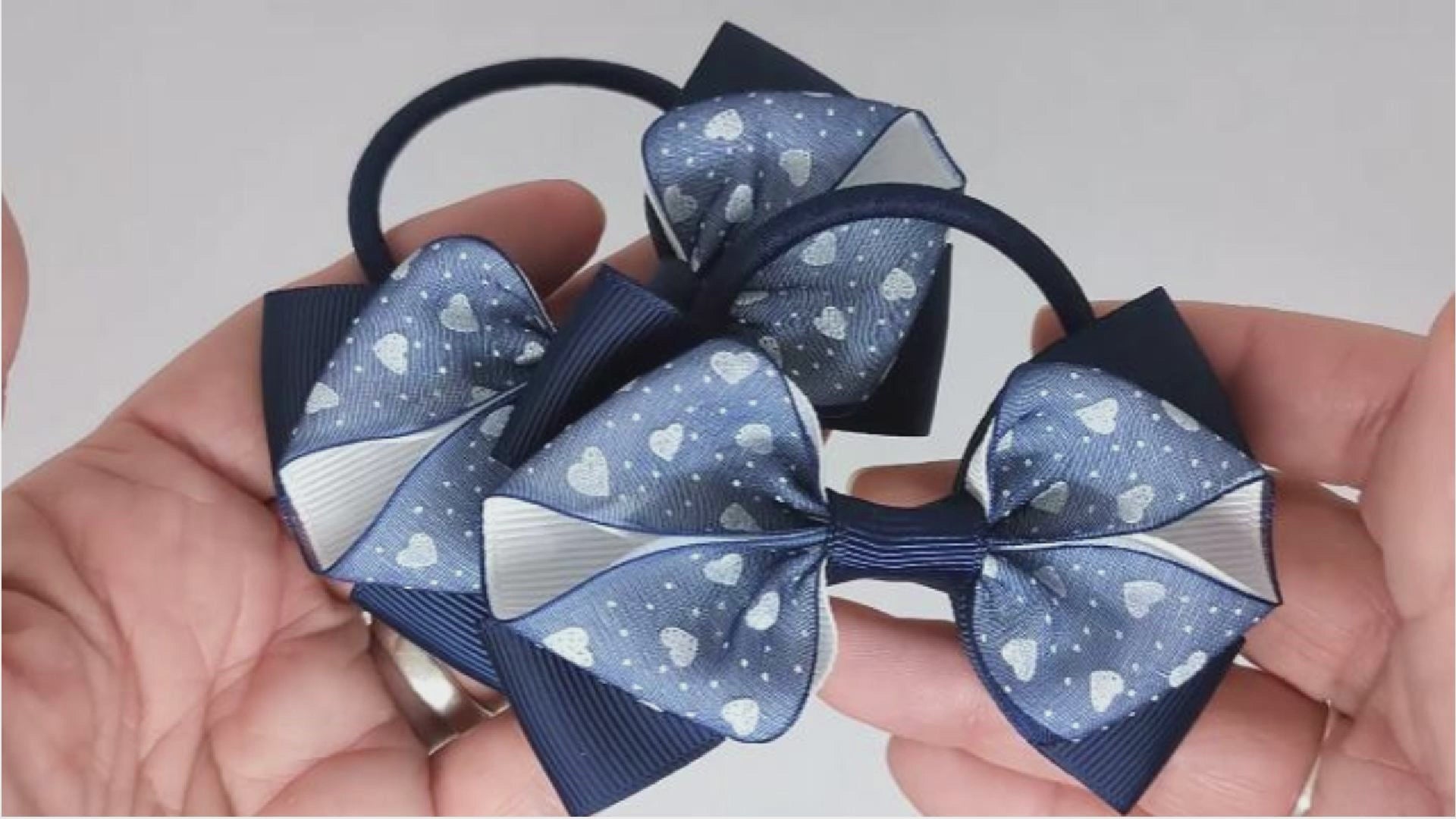 Navy Blue and White Hearts Hair Bows on Thick Bobbles | Unique Design