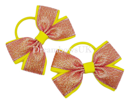 2x Pink and yellow glitter hair bows on thin bobbles - DreambowsUK