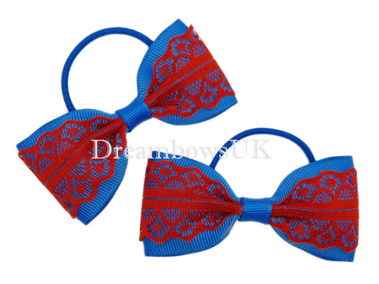 2x Royal blue and red lace hair bows on thin bobbles - DreambowsUK