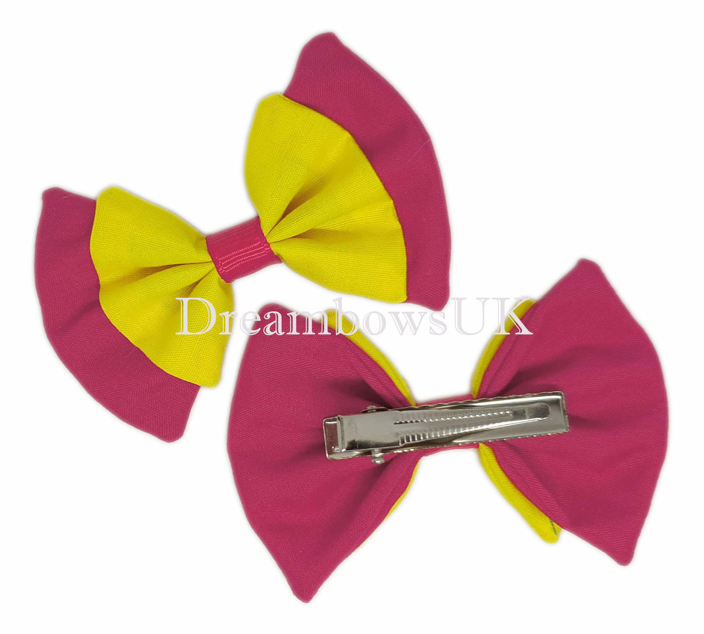 2x Cerise pink and yellow fabric hair bows