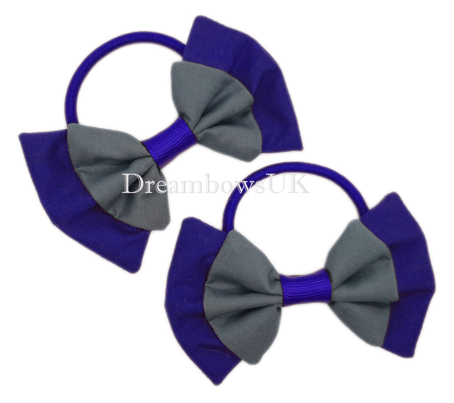 2x Royal blue and grey fabric hair bows