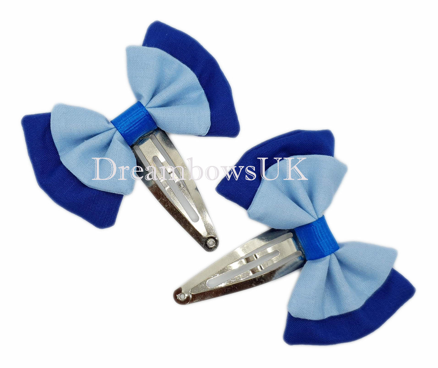 2x Royal blue and baby blue fabric hair bows