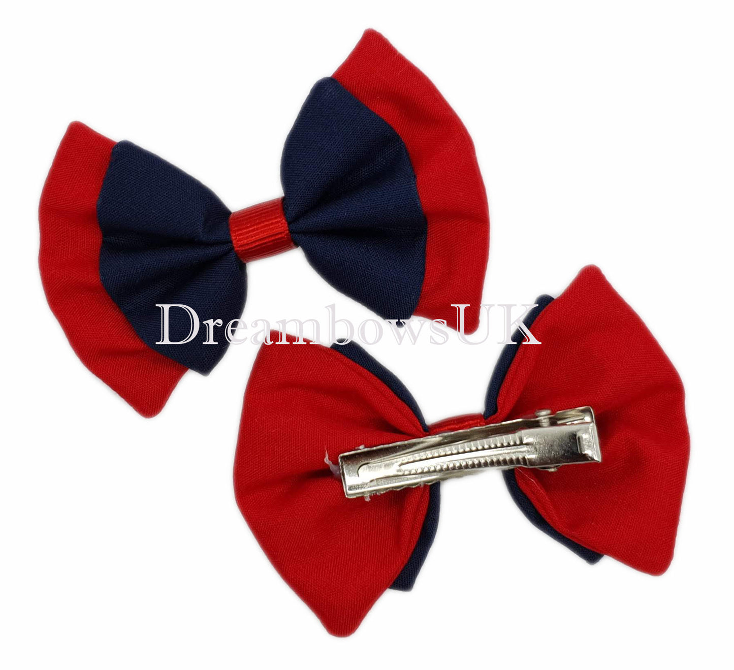 2x Navy blue and red fabric hair bows