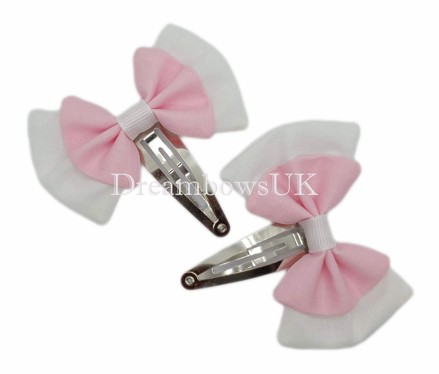 2x Baby pink and white fabric hair bows