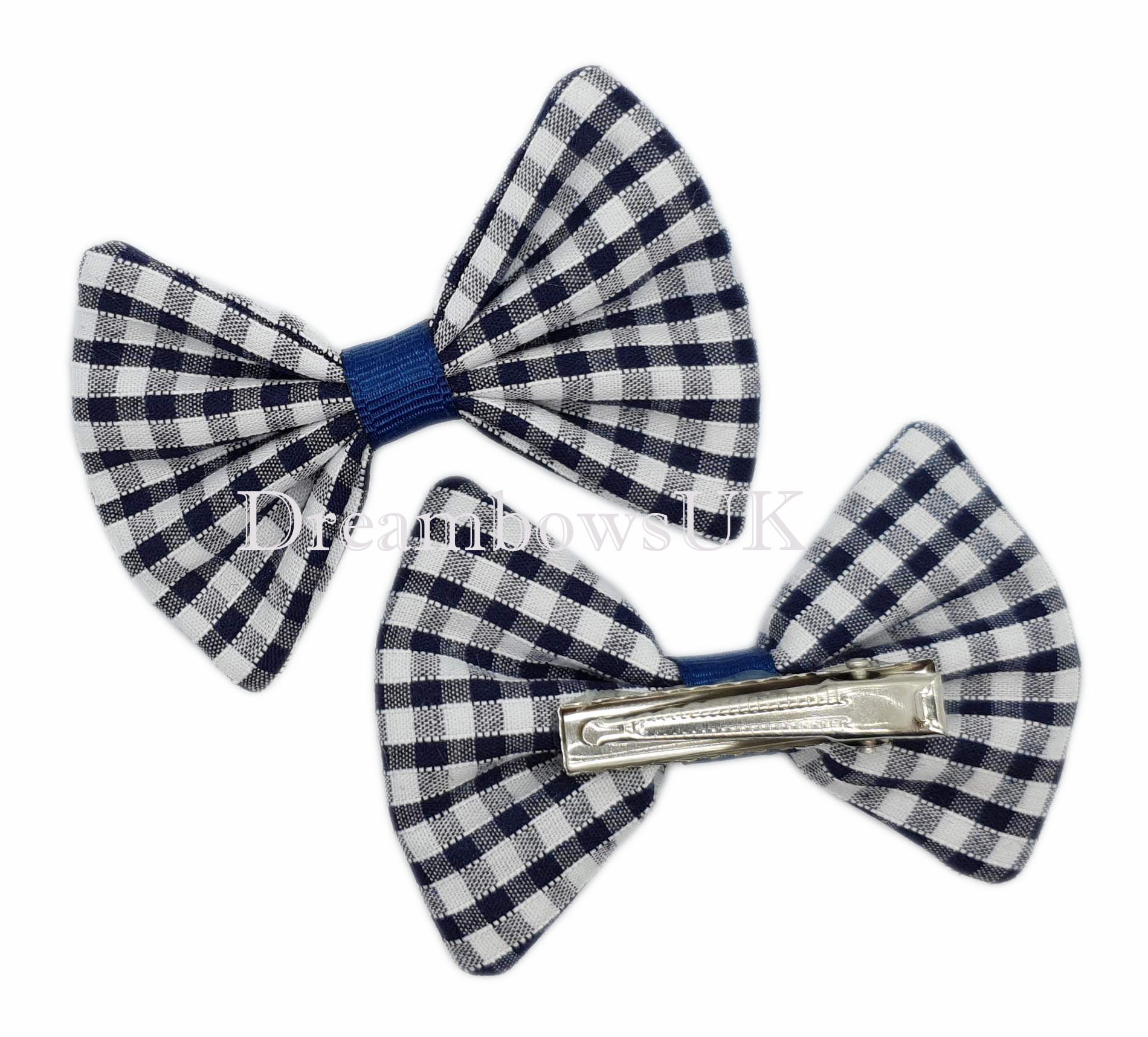 Navy blue gingham fabric hair bows on alligator clips