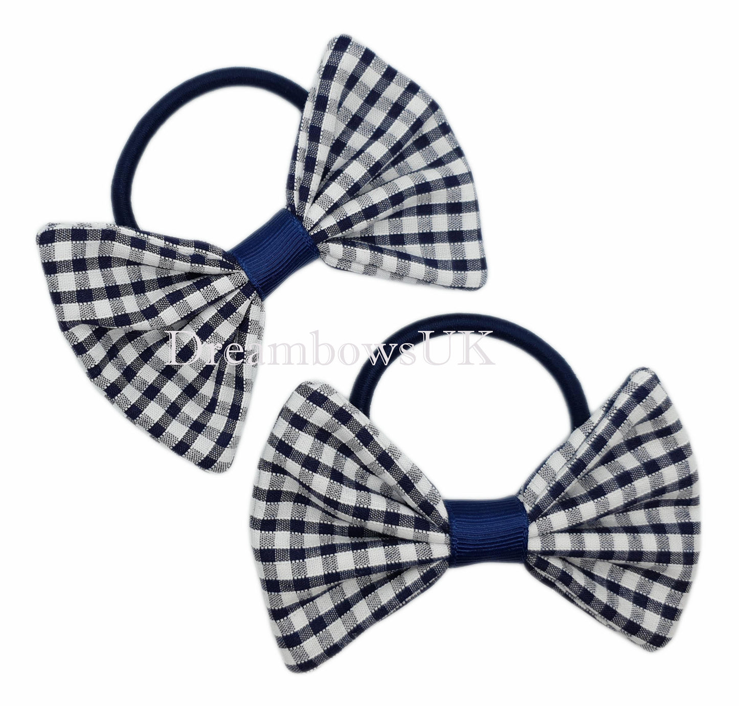 Navy blue gingham hair bows on thin bobbles