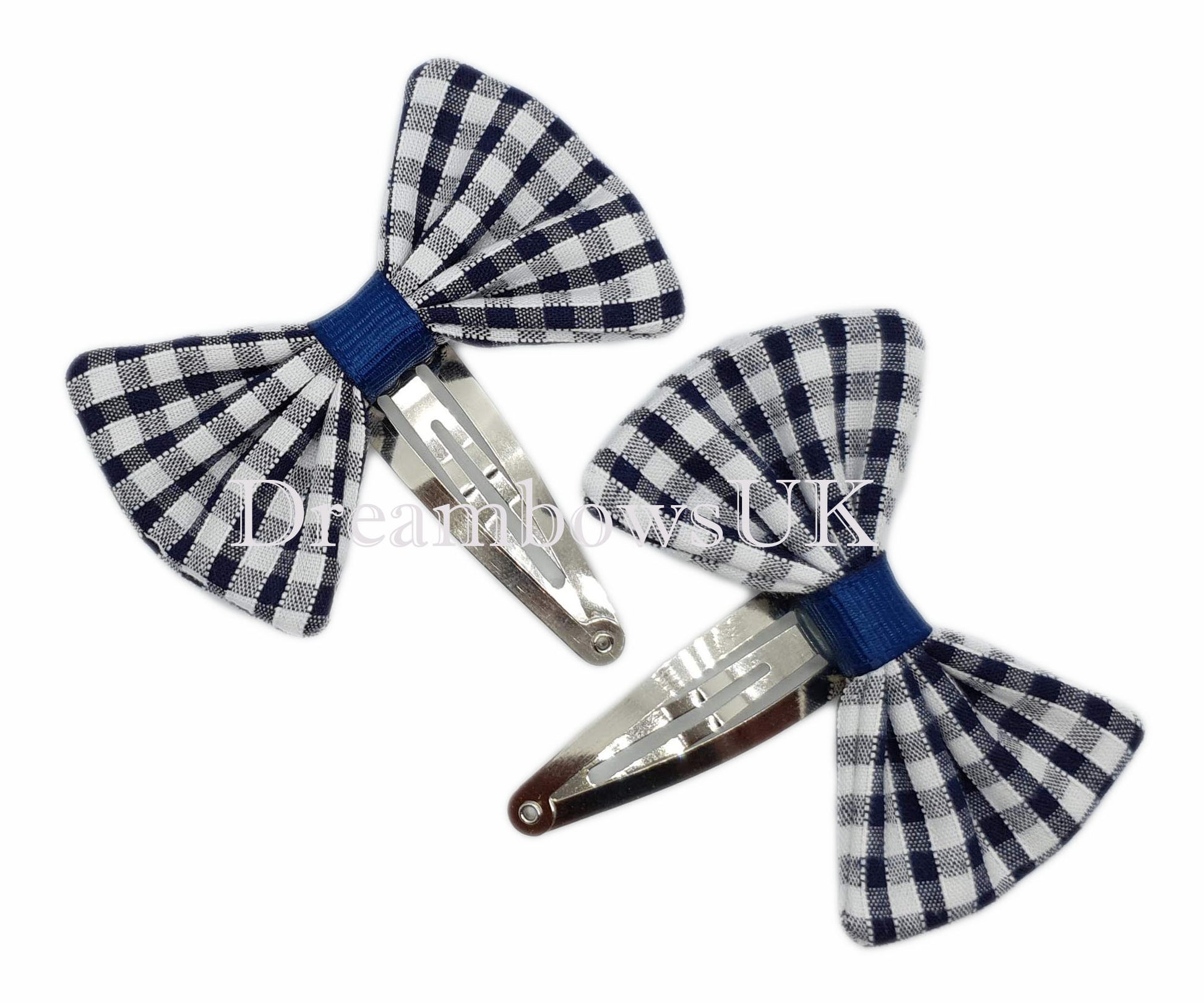 Navy blue gingham hair bows on snap clips
