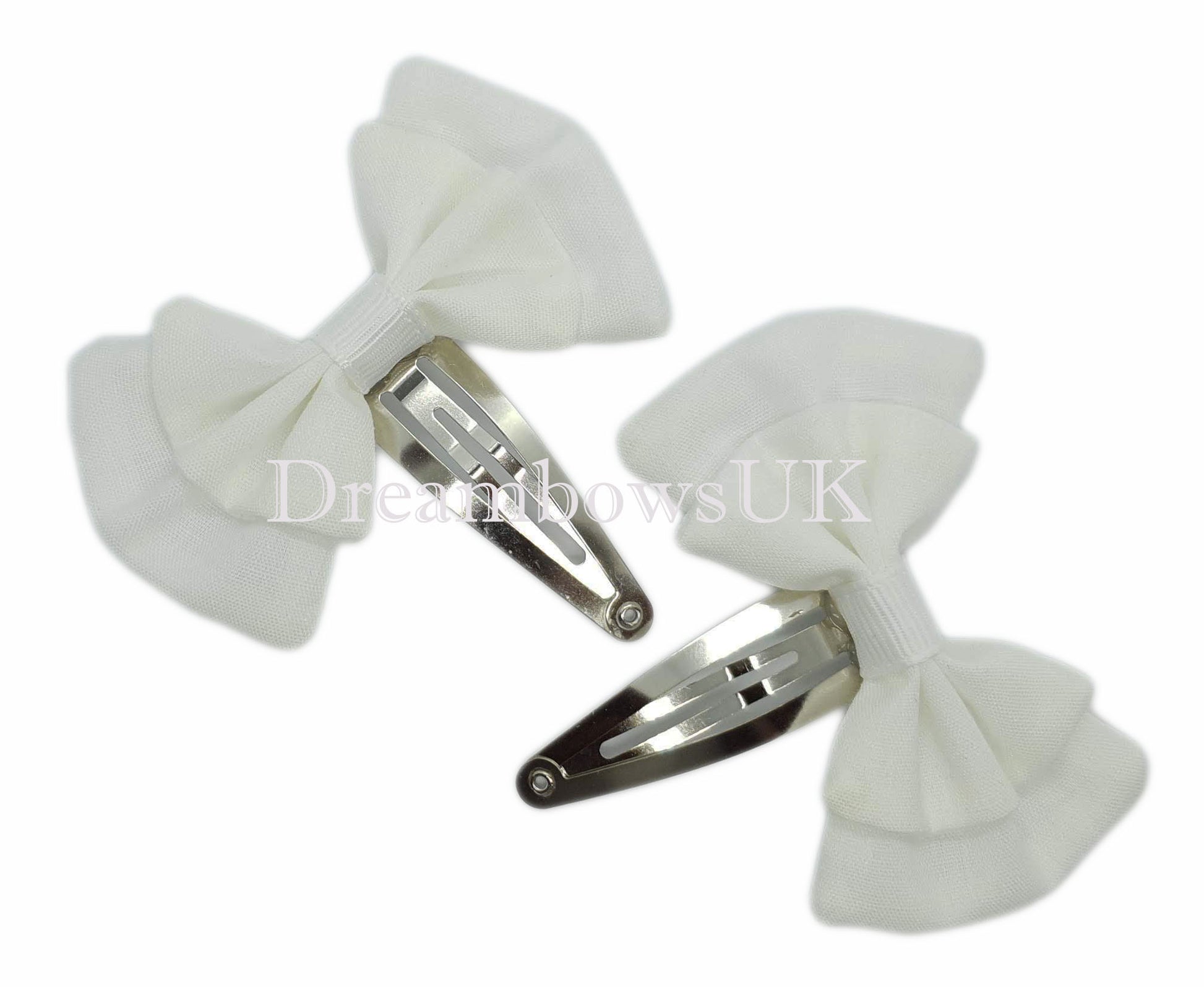 Girls white fabric hair bows on snap clips