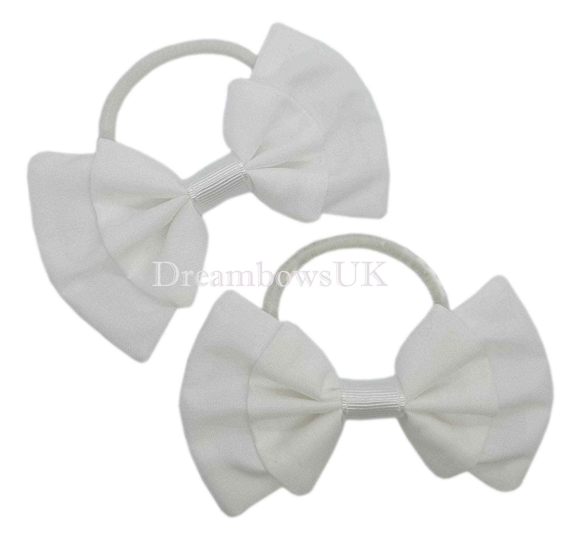 Girls white fabric hair bows on thick bobbles