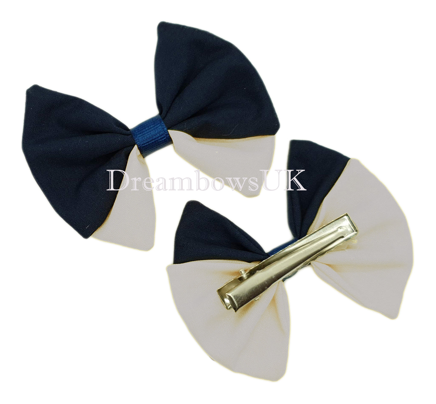 2x Navy blue and white fabric hair bows