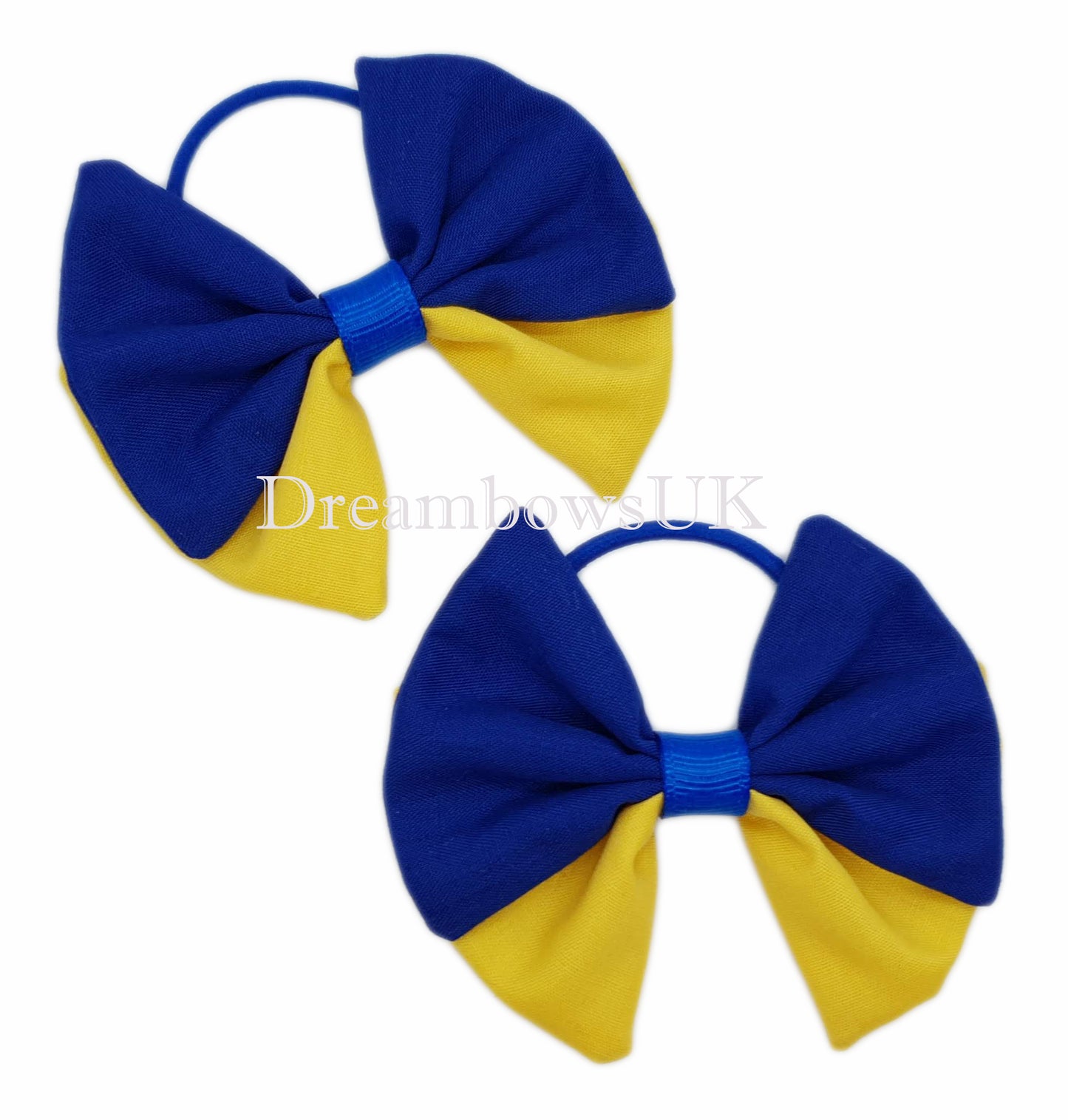 2x Royal blue and golden yellow fabric hair bows