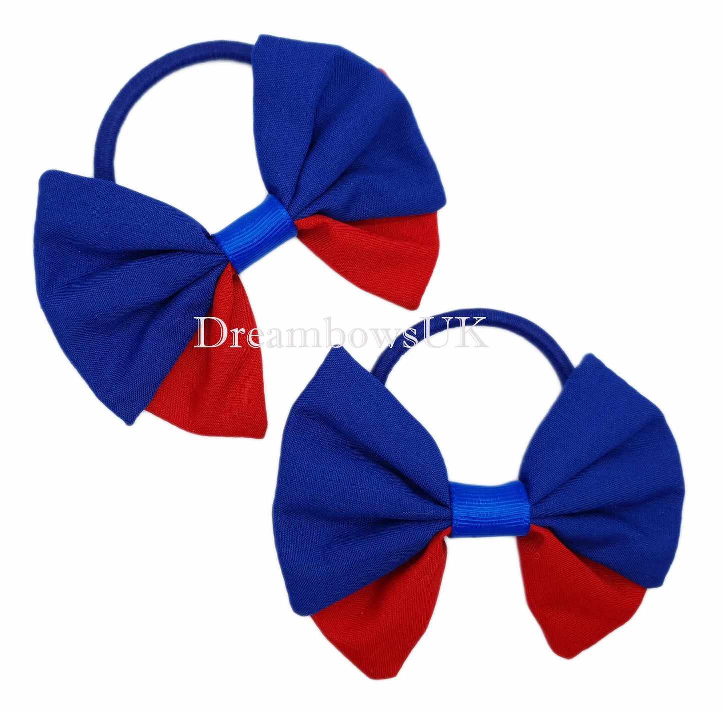 2x Royal blue and red fabric hair bows