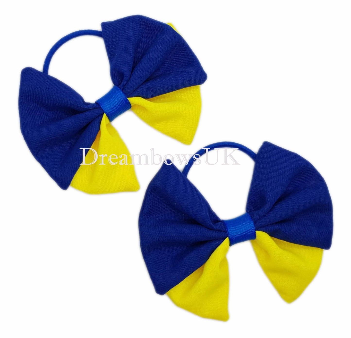 2x Royal blue and yellow fabric hair bows