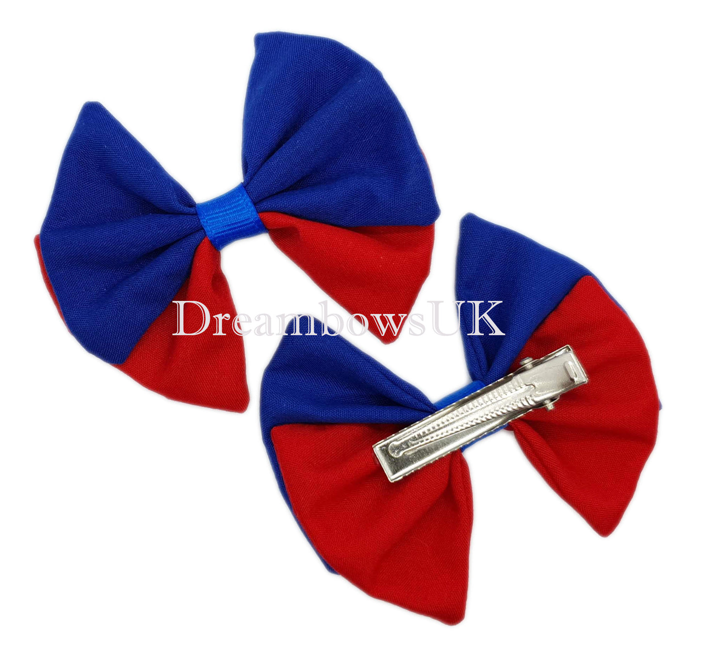 2x Royal blue and red fabric hair bows