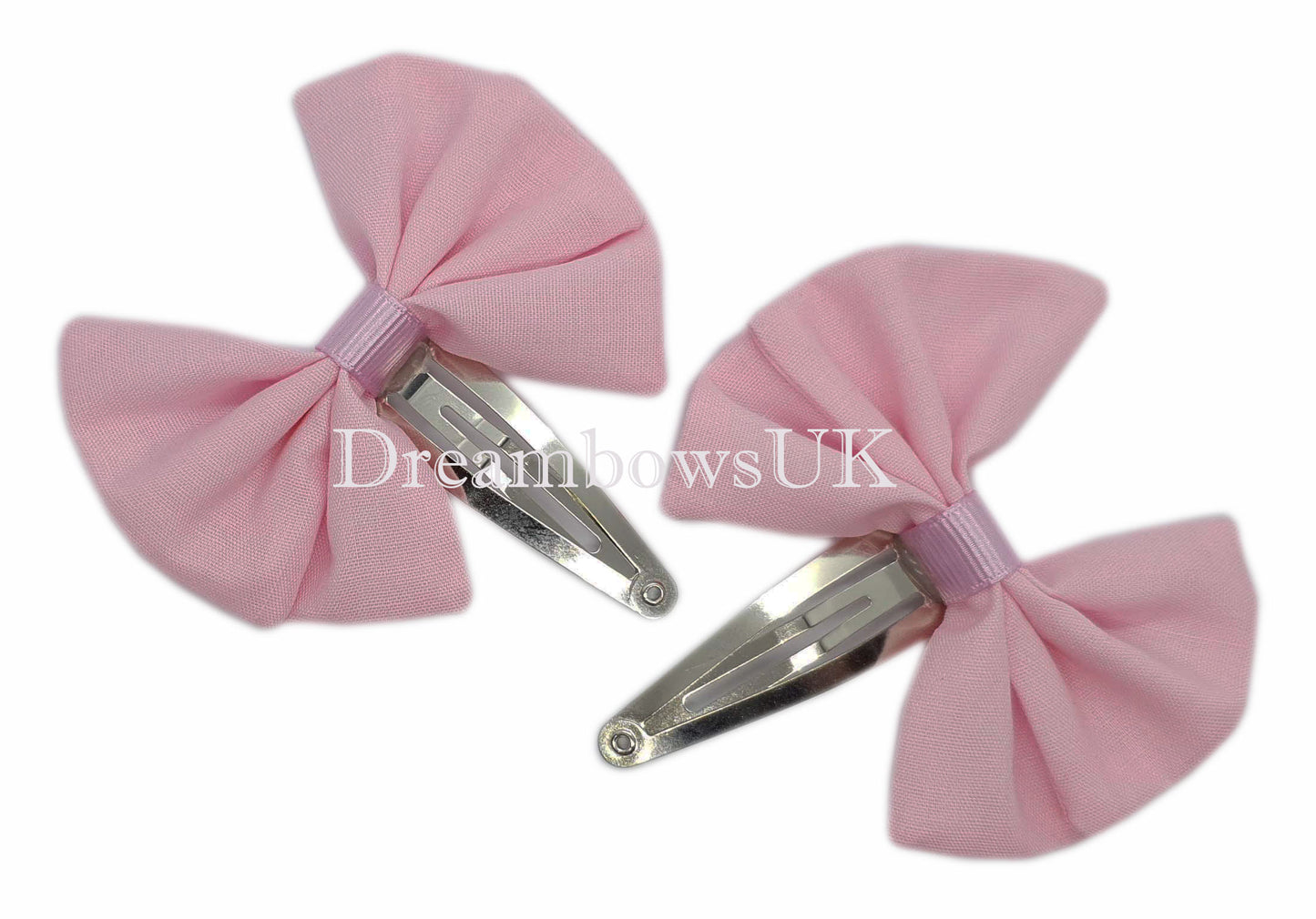 Girls baby pink fabric hair bows on snap clips