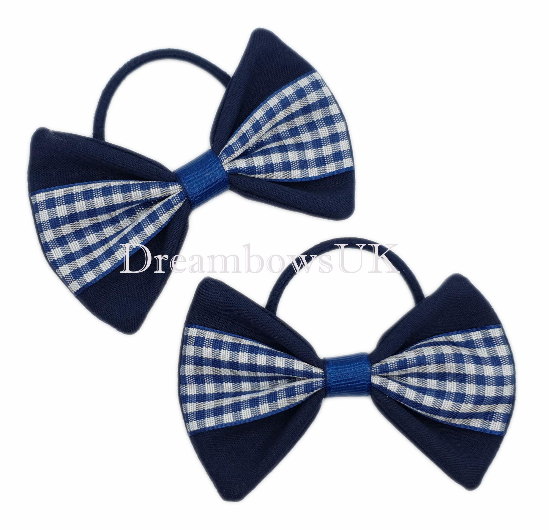 Navy blue gingham hair bows on thin hair ties