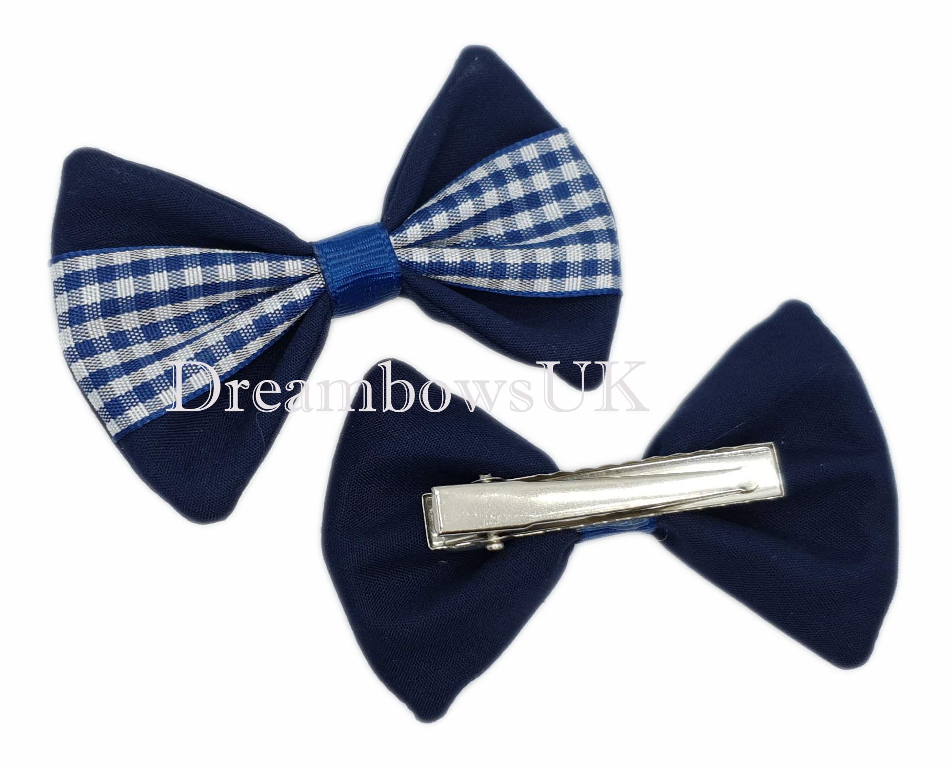 Navy blue gingham hair bows on alligator clips