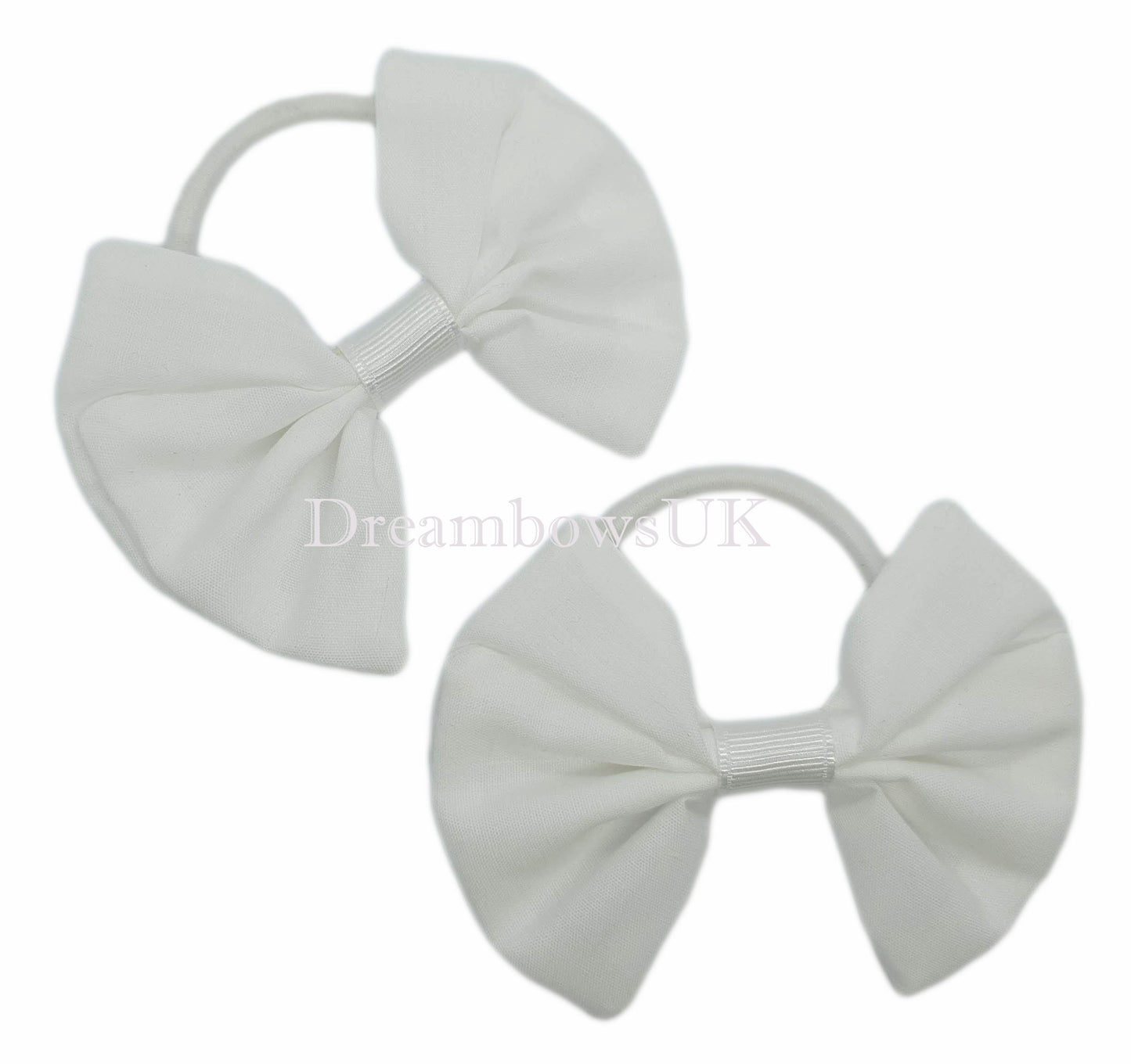 White fabric hair bows on thick hair ties