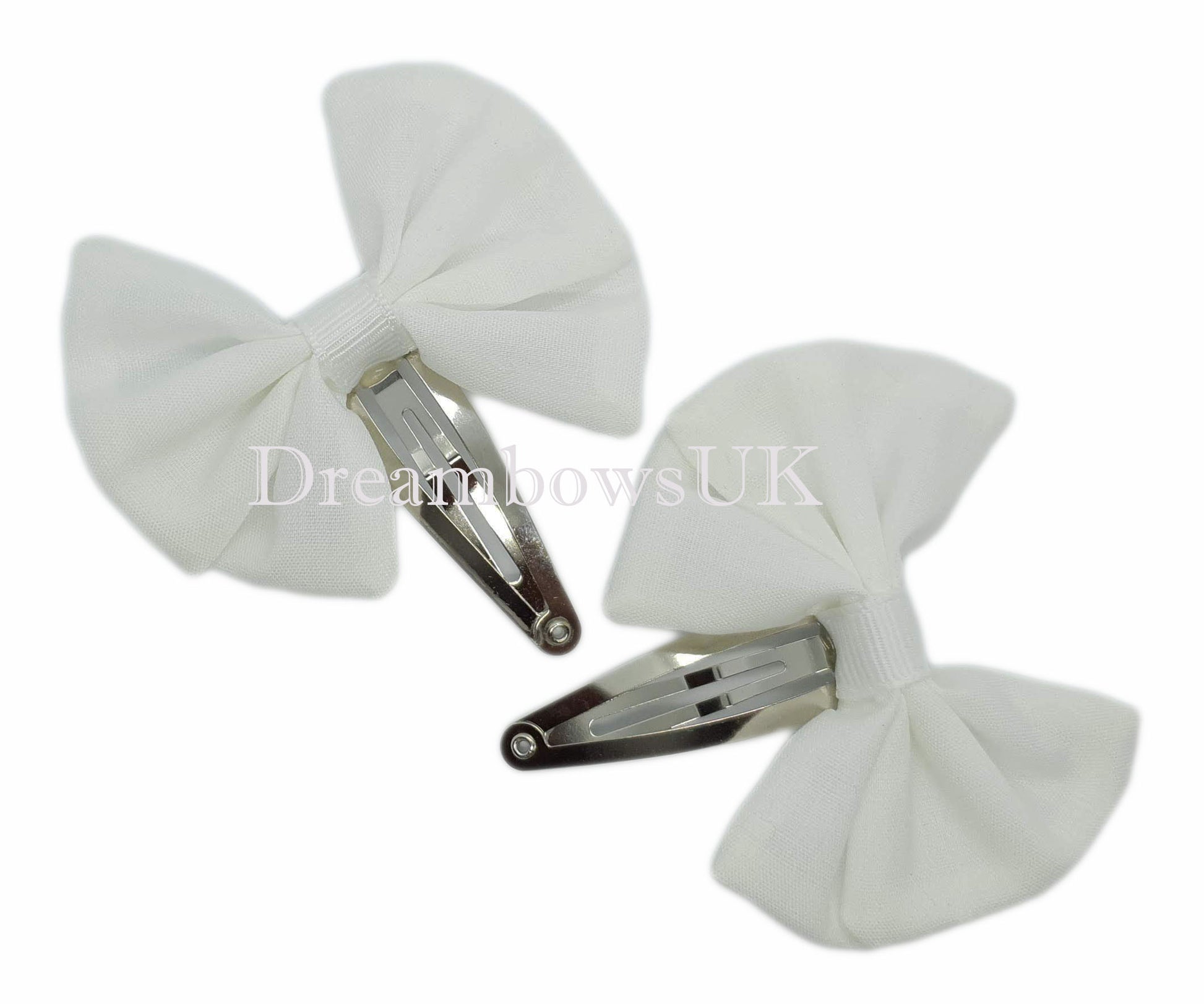 Girls white fabric hair bows on snap clips