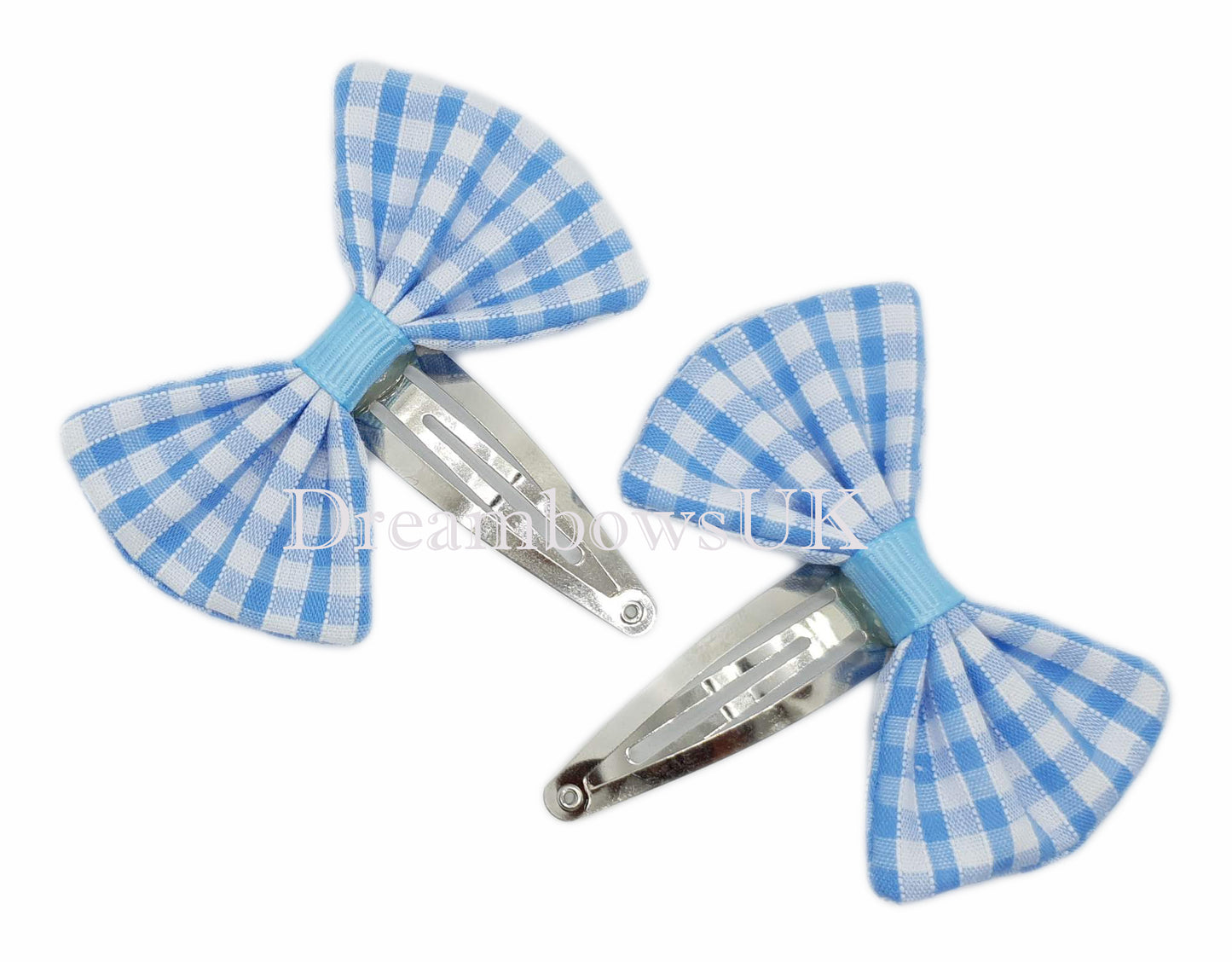 baby blue gingham fabric hair bows on snap clips