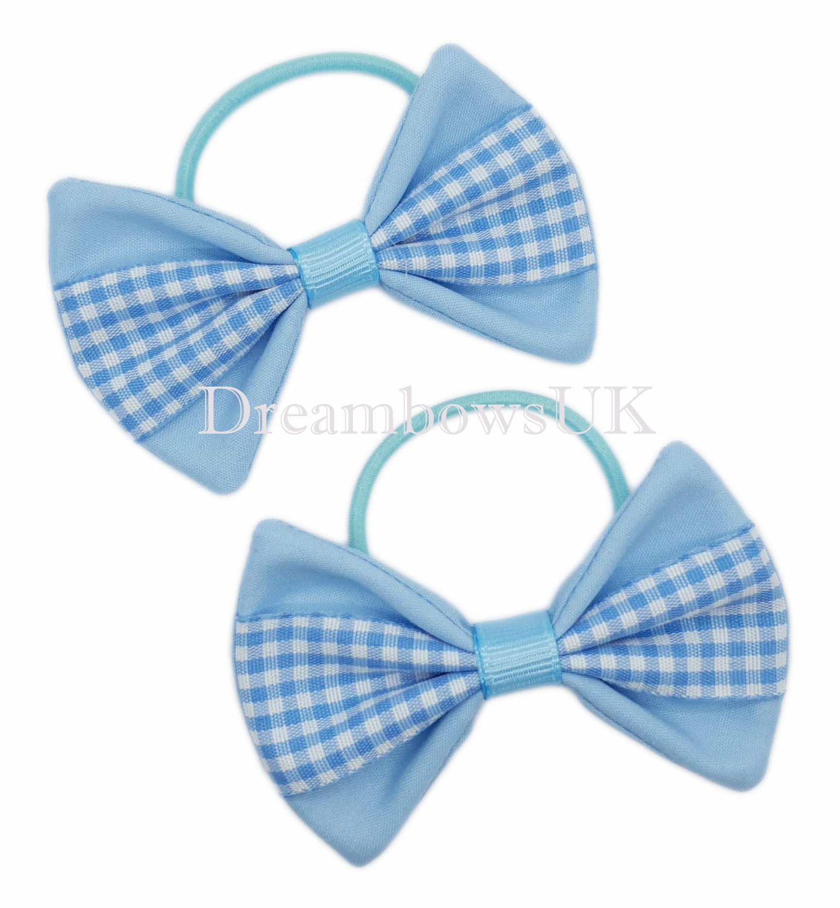 baby blue and white gingham ribbon hair bows on thin hair bobbles
