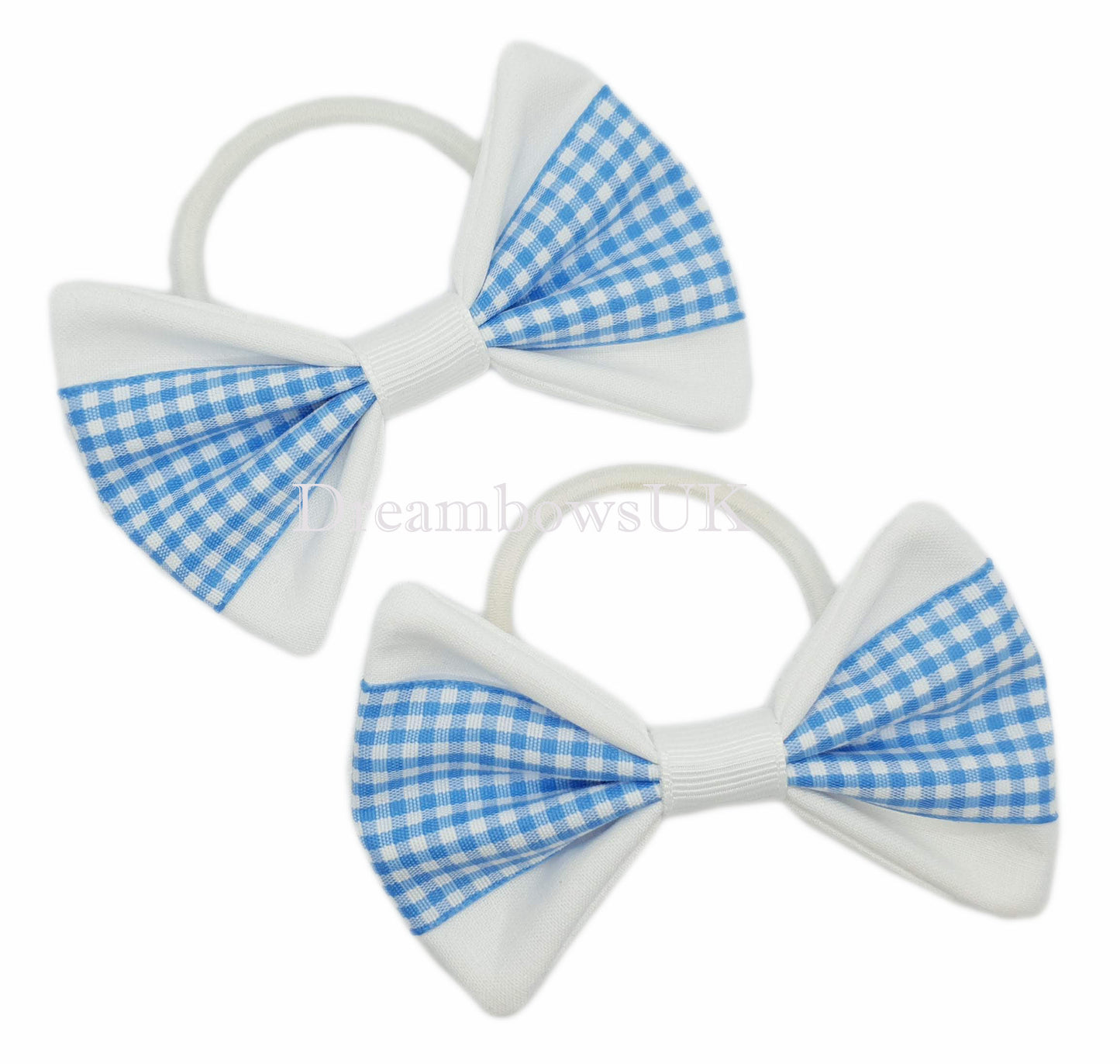 baby blue and white gingham fabric hair bows on thick elastics