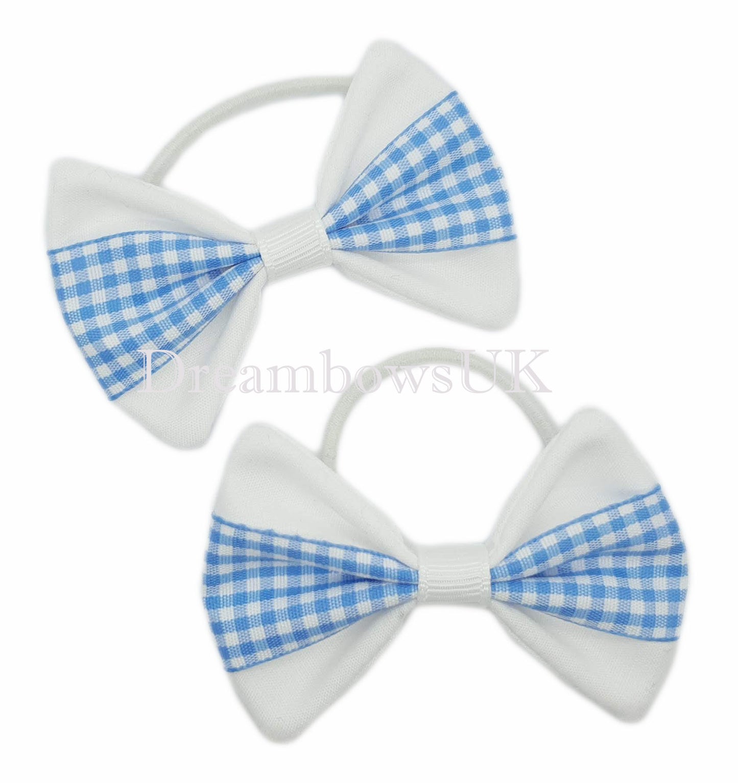 baby blue and white gingham hair bows on thin hair ties