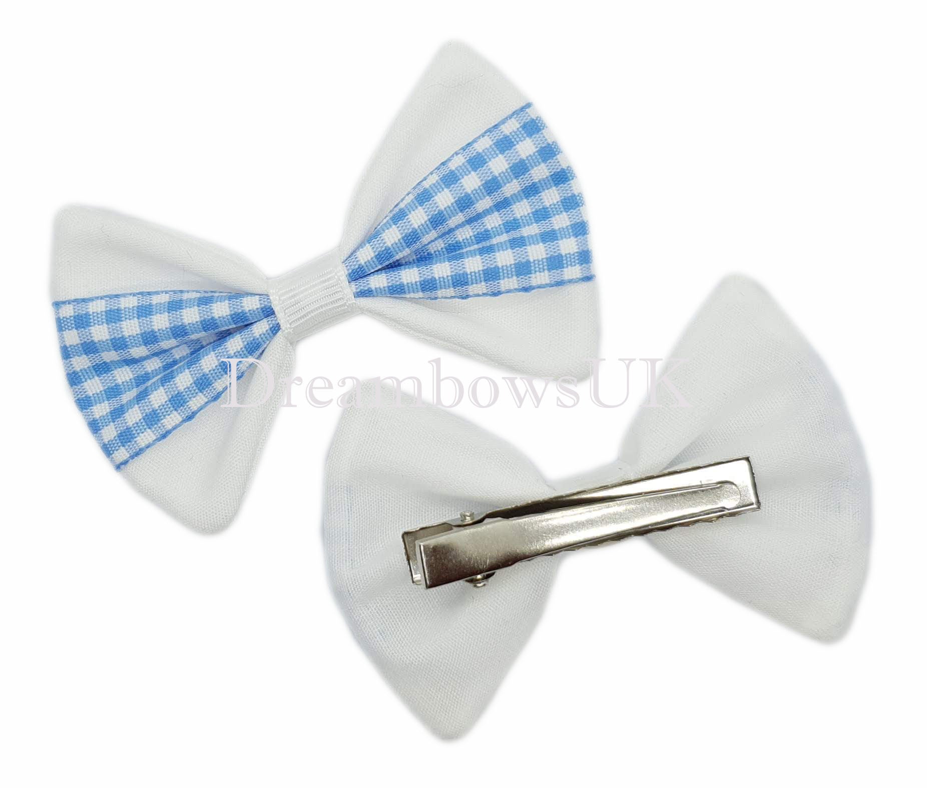 Baby blue and white gingham hair accessory bows on crocodile clips