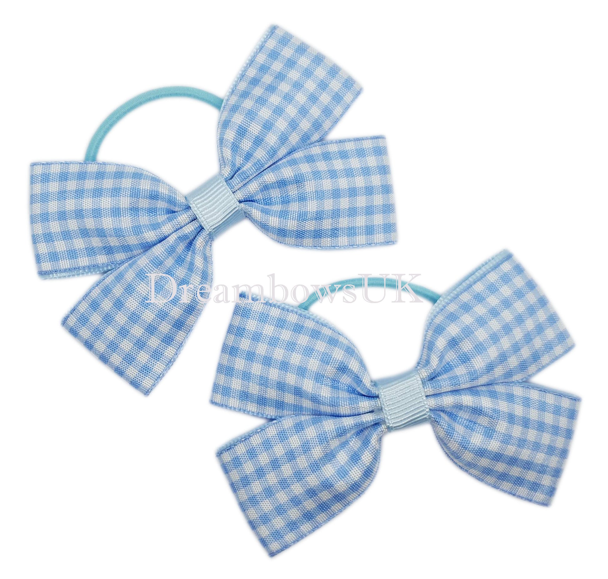 baby blue gingham ribbon hair bows on thin bobbles