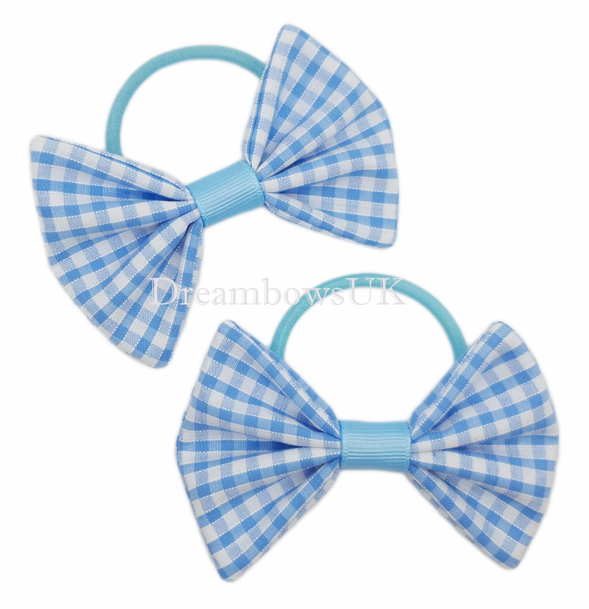baby blue gingham fabric hair bows on thick bobbles