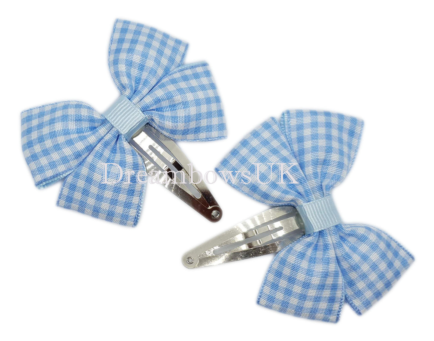 baby blue and white gingham ribbon hair bows on snap clips