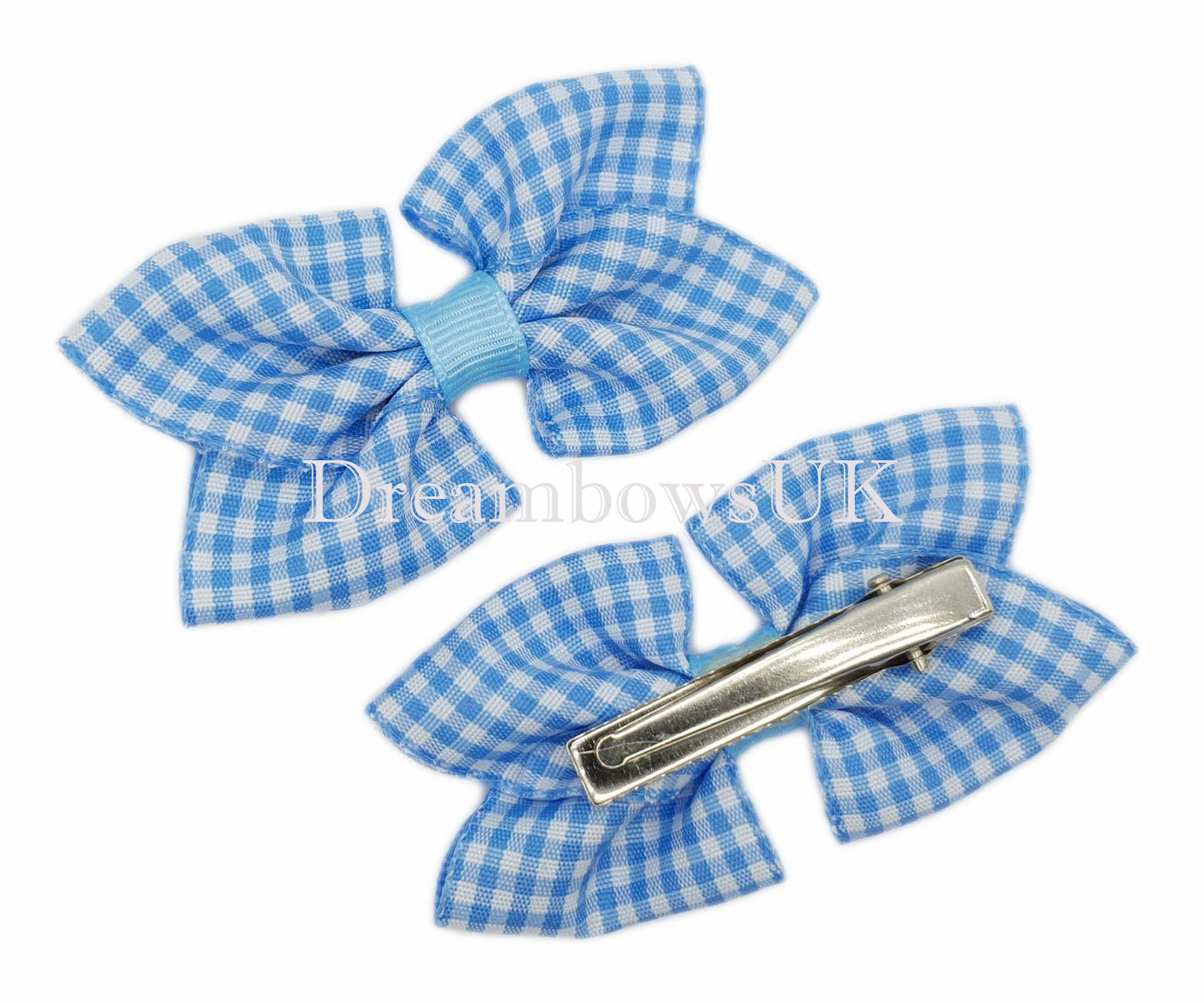baby blue gingham ribbon hair accessories on alligator clips