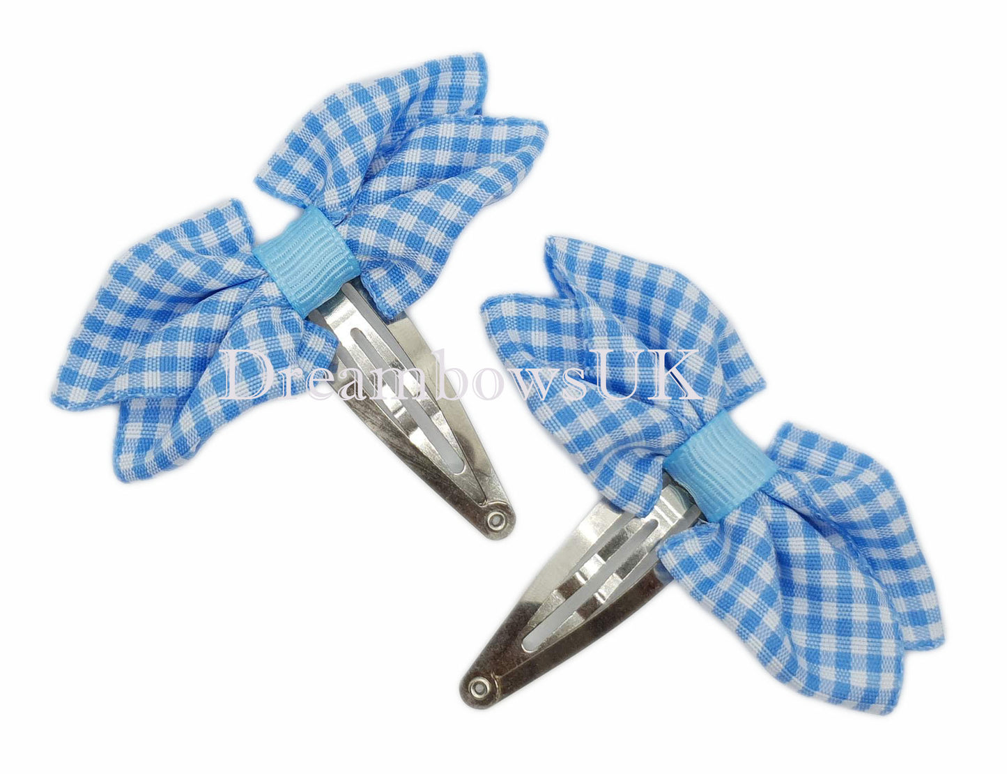baby blue and white gingham hair accessories on snap clips
