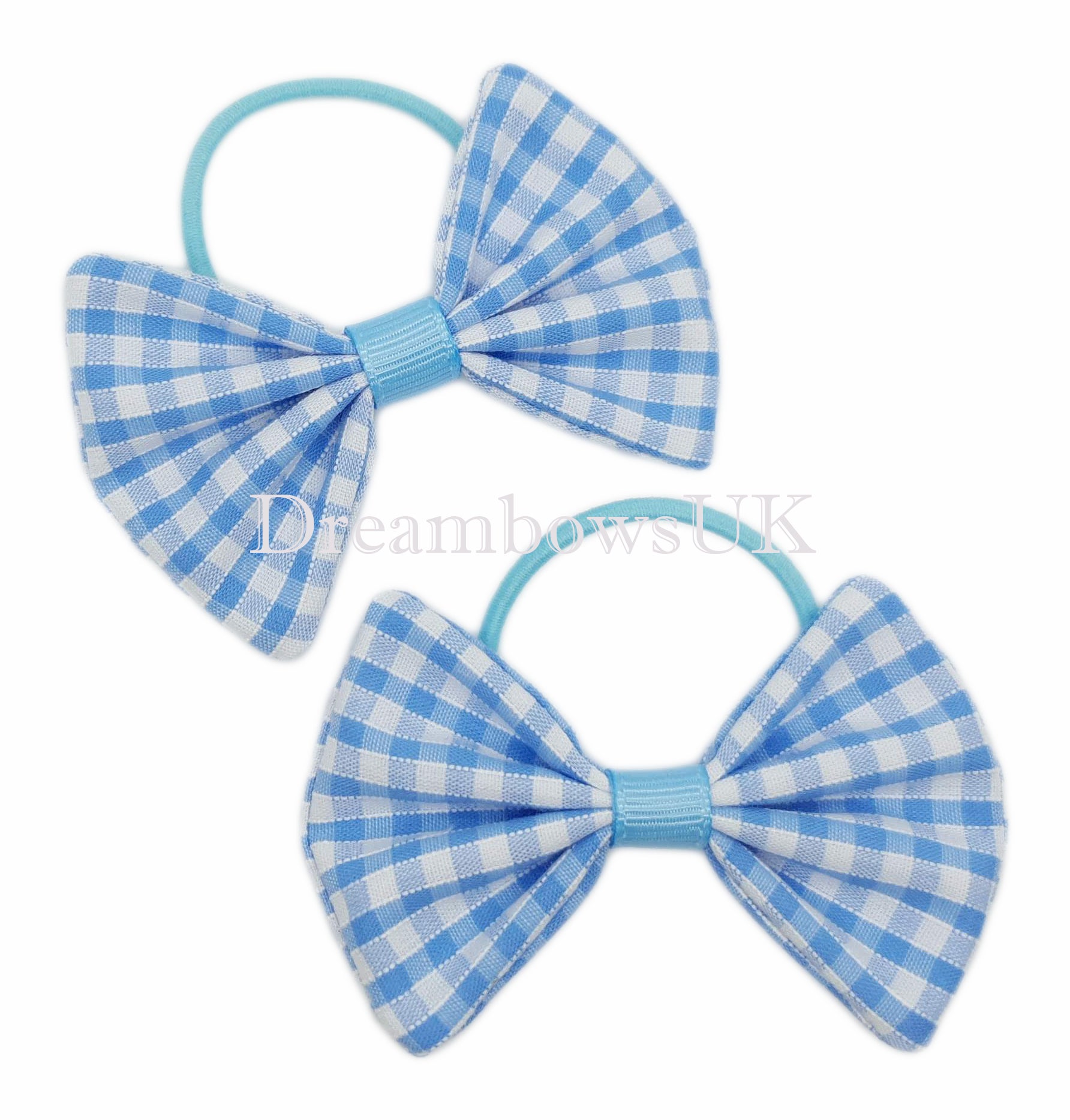 baby blue and white gingham hair bows on thin bobbles 